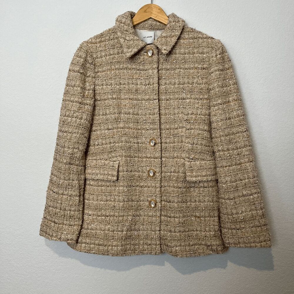 St. John Tweed Button Jacket Cotton Neutral Gold Women's Size 10